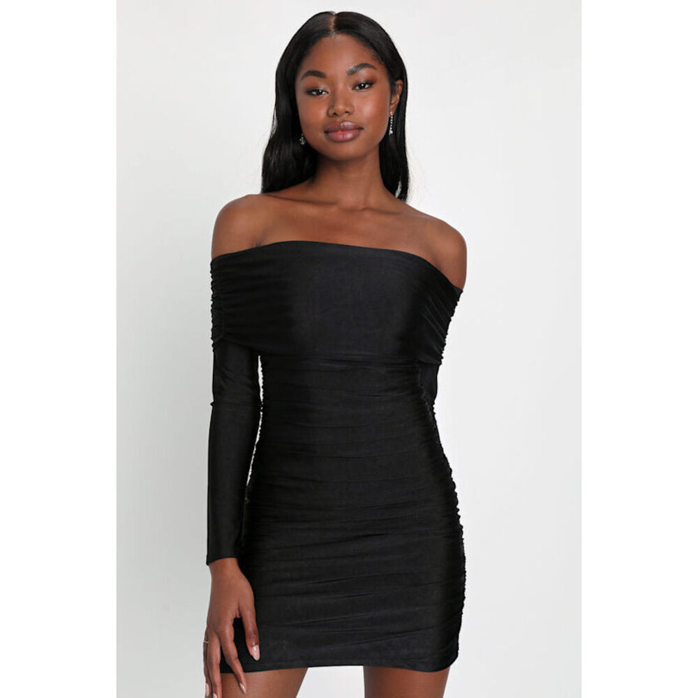 Lulus•Sultry Influence Black Off-the-shoulder Ruched Mini Dress •NWT - Size XS